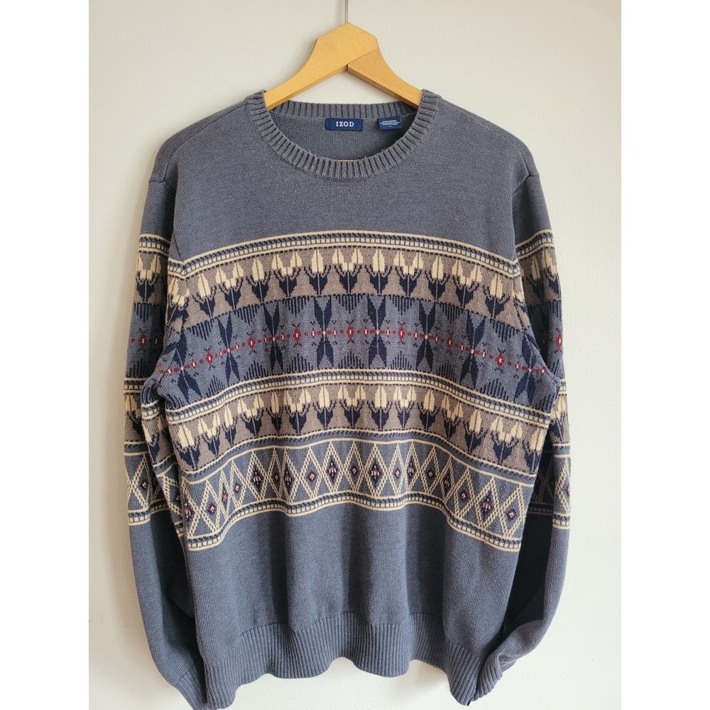 IZOD Mens Blue Fair Isle Geometric Crewneck Knit Sweater‎ Medium Cotton Blend
